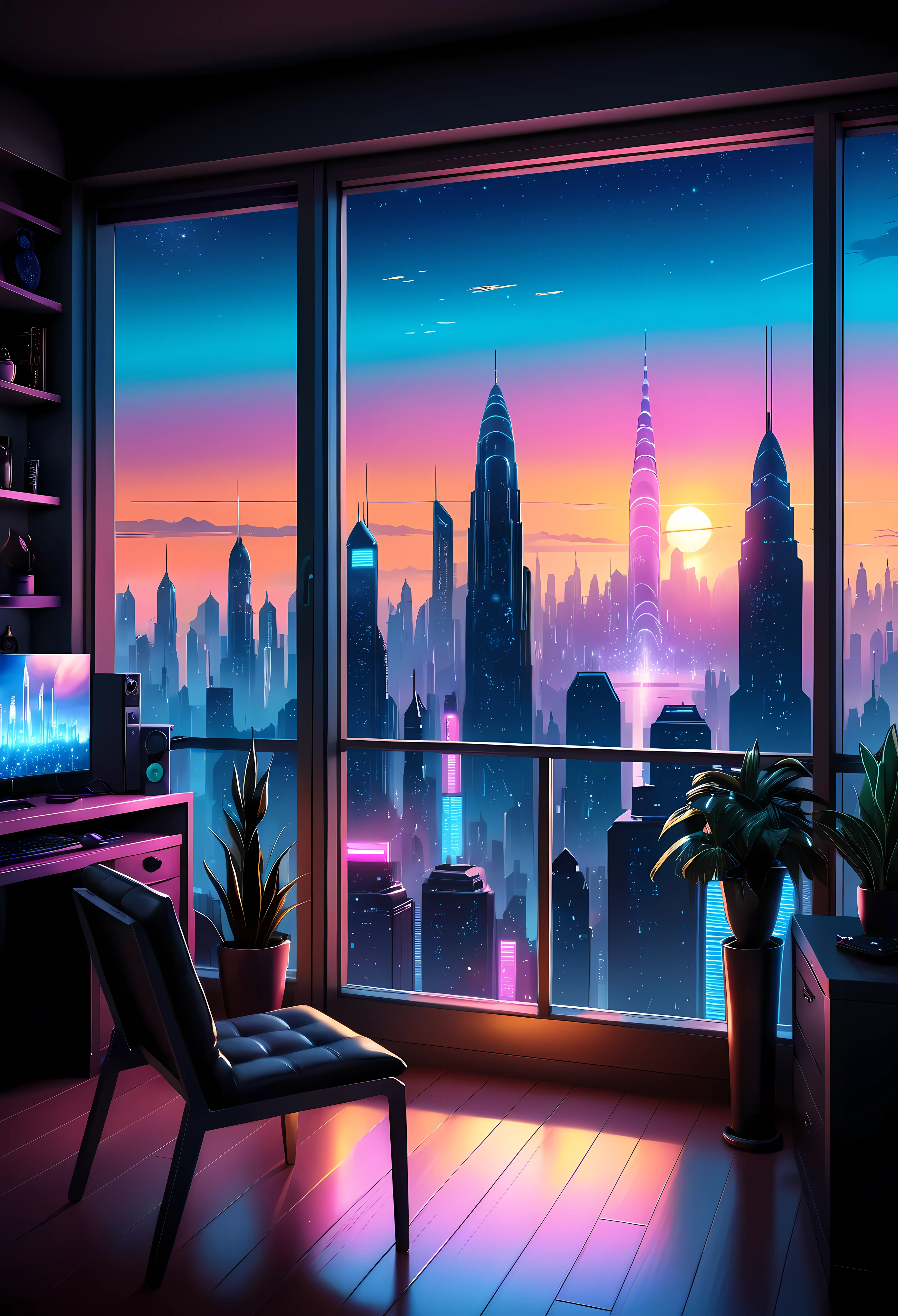 illustration of a cyberpunk room with a view of futuristic city at dusk, scenery wallpaper aesthetic, wallpaper aesthetic, beautiful aesthetic art, beautiful and aesthetic, vaporware artstyle, beautiful futuristic cityscape, vaporware art, cozy wallpaper, anime background art, futuristic cityscape in the window, watching the sun set. vaporware anime, vaporware anime aesthetic, vaporware illustration style, city sunset, vaporware aesthetic. | ((Masterpiece in maximum 16K resolution):1.6),((soft_color_illustration:1.5), ((Ultra-Detailed):1.4),((Movie-like still images and dynamic angles):1.3), ((Ultra wide angle):1.5),((cinematic illustration style):1.3). | award winning masterpiece with incredible details, epic stunning, (shimmer), (visual experience), (Realism), (Realistic), award-winning graphics, dark shot, film grain, extremely detailed, Digital Art, rtx, Unreal Engine, scene concept anti glare effect, All captured with sharp focus. Rendered in ultra-high definition with UHD and retina quality, this masterpiece ensures anatomical correctness and textured skin with super detail. With a focus on high quality and accuracy, this award-winning portrayal captures every nuance in stunning 16k resolution, immersing viewers in its lifelike depiction. Avoid extreme angles or exaggerated expressions to maintain realism. ((perfect_composition, perfect_design, perfect_layout, perfect_detail, ultra_detailed)), ((enhance_all, fix_everything)),