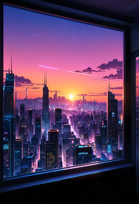 illustration of a cyberpunk room with a view of futuristic city at dusk, scenery wallpaper aesthetic, wallpaper aesthetic, beaut...