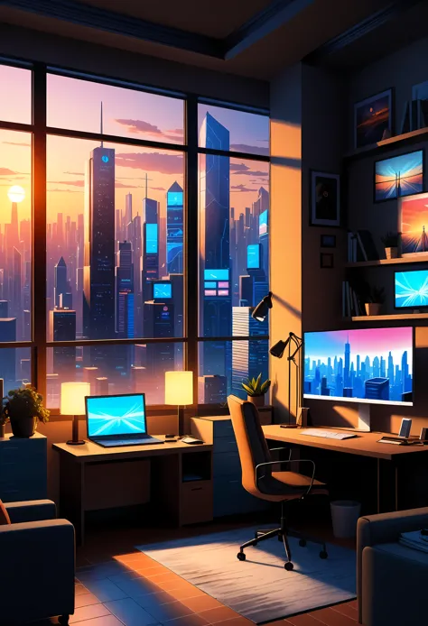 illustration of a cyberpunk room with a view of futuristic city at dusk, scenery wallpaper aesthetic, wallpaper aesthetic, beaut...