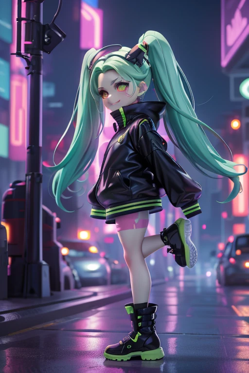 fantasia cyberpunk, android girl (short and cute) yellow  eyes, silver-haired (twintail) ears with piercings, mischievous and wild smile, very small breasts, wide ass and hips, short V jacket (pilot type) short and tight black latex shorts, purple latex socks, high boots black, cool pose in a nightclub with neon lights (Masterpiece artwork) (wide sight) (full body character) (anime ecchi cyberpunk) (front angle) (HD8K quality)