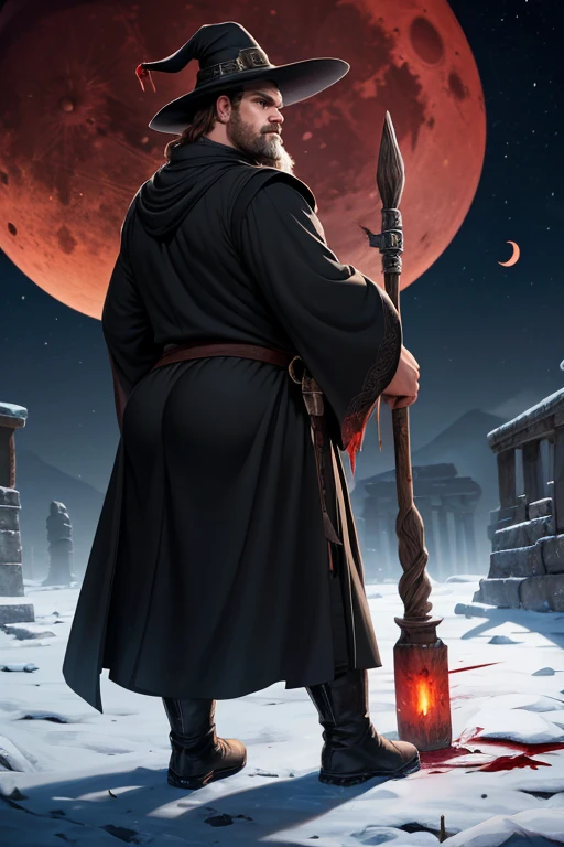 David Harbour, very detailed image, master piece, epic composition, perfect fingers, perfect hands, handsome, snow, right anatomy, chubby, 4k, perfect feets, perfect legs, (very short messy hair), ancient desert, ancient desert clothes tunic beduin, ((big full beard)), (full black clothes), (black tunic), ( black mage), (black boots), ((night with blood moon)), (((big and large ass))), (black mage hat), (black mage ancient staff wizard)
