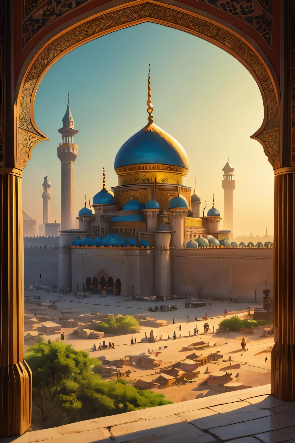 An Islamic city from a thousand and one nights, full of colors and towering palaces seen on the horizon, painted like a painting in the style of cottage art.