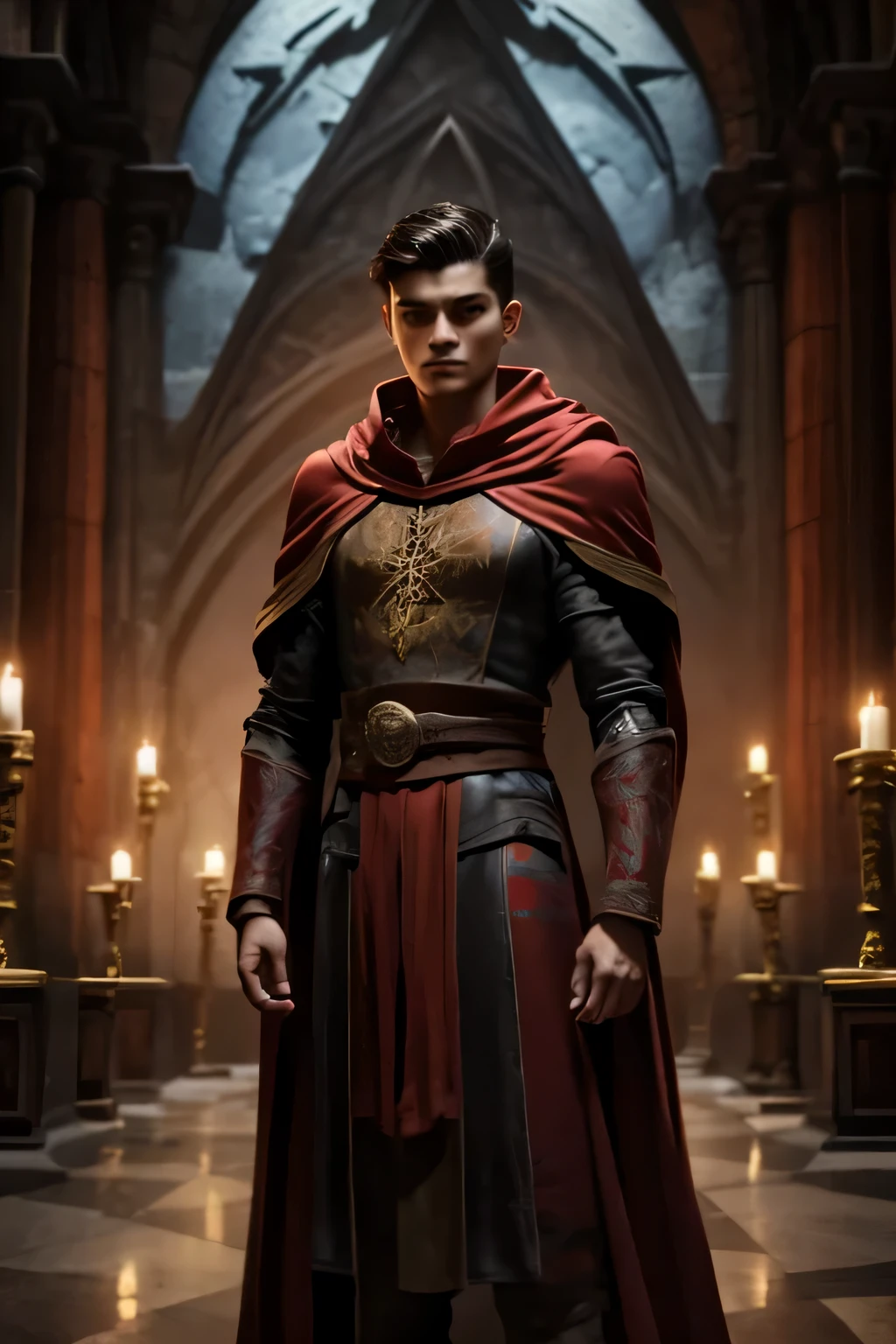  a young wizard, red-robed, tattoos on his arms, brown eyes, dark fancy