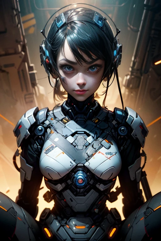 (cyborg girl), detailed face, proportional face, posing sitting for a photo,  (devious and beautiful), cinematic light, Science fiction, apocalypse, (CG illustration), (Highly detailed), (high resolution), (Best quality), (masterpiece)