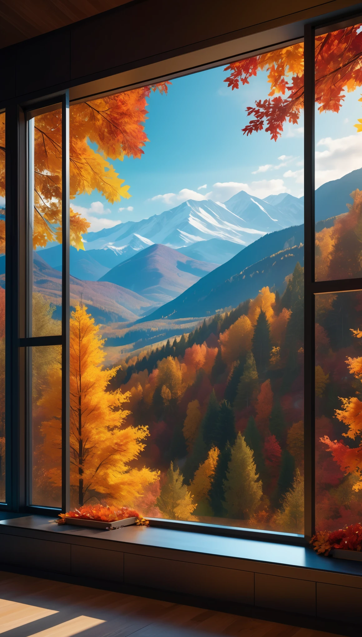 a window of a futuristic house opens,outside the window is an autumn scenery with colorful leaves,mountains and forests,8k,contrast between light and dark tones,masterpiece