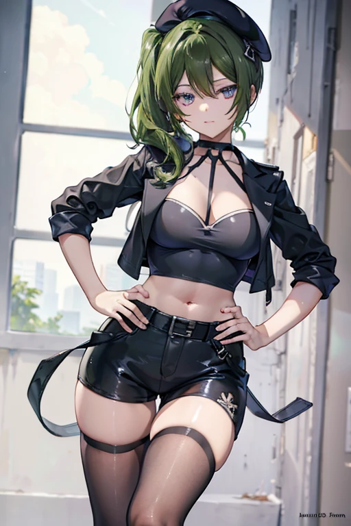 ubel,dark green hair,long hair,side ponytail,hair between eyes,bangs, BREAK (beret, black jacket, open clothes, cleavage, midriff, black shorts, black thighhighs, thigh strap, fingerless gloves, single glove:1.2) BREAK blurry background, BREAK pose, hand on hip, BREAK (masterpiece:1.2), best quality, high resolution, unity 8k wallpaper, (illustration:0.8), (beautiful detailed eyes:1.6), extremely detailed face, perfect lighting, extremely detailed CG, (perfect hands, perfect anatomy),
