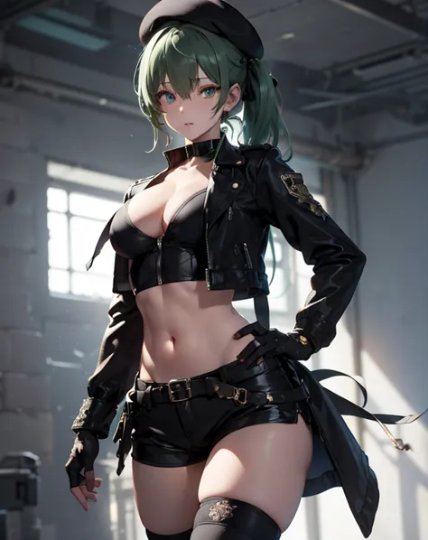 ubel,dark green hair,long hair,side ponytail,hair between eyes,bangs, BREAK (beret, black jacket, open clothes, cleavage, midrif...