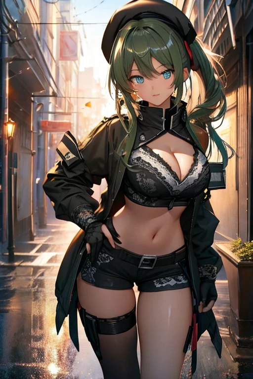 ubel,dark green hair,long hair,side ponytail,hair between eyes,bangs, BREAK (beret, black jacket, open clothes, cleavage, midriff, black shorts, black thighhighs, thigh strap, fingerless gloves, single glove:1.2) BREAK blurry background, BREAK pose, hand on hip, BREAK (masterpiece:1.2), best quality, high resolution, unity 8k wallpaper, (illustration:0.8), (beautiful detailed eyes:1.6), extremely detailed face, perfect lighting, extremely detailed CG, (perfect hands, perfect anatomy),
