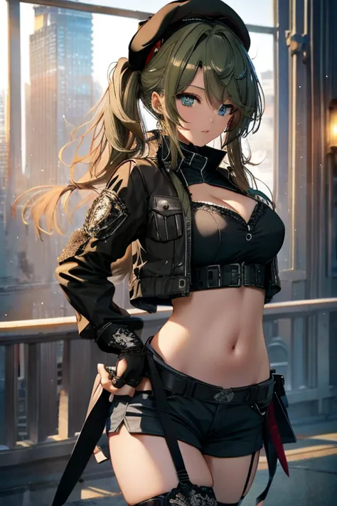 ubel,dark green hair,long hair,side ponytail,hair between eyes,bangs, break (beret, black jacket, open clothes, cleavage, midrif...