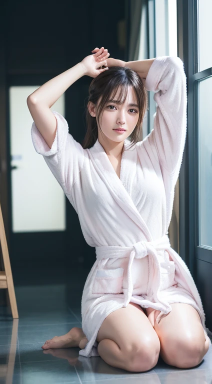 innocent 1 girl、((random color bathrobe,dramatic pose)),cute face,bright eyes,tear bag,shy smile,shortcut,hotel background,Raw photo, (8K、highest quality、masterpiece:1.2)、(intricate details:1.4)、(realistic:1.4)、octane rendering、Intricate 3D rendering Super detaileded, soft light in the studio, rim light, vivid details, Super detailed, realistic skin texture, face, Beautiful eyes in every detail, Highly detailed CG Unity 16k wallpaper, compensate, (detailed background:1.2), shiny skin, whole body、draw from head to foot,((raise hands and arms,Stand on your knees,I can see your thighs))、sweaty skin、Hot body、After bath、yawning