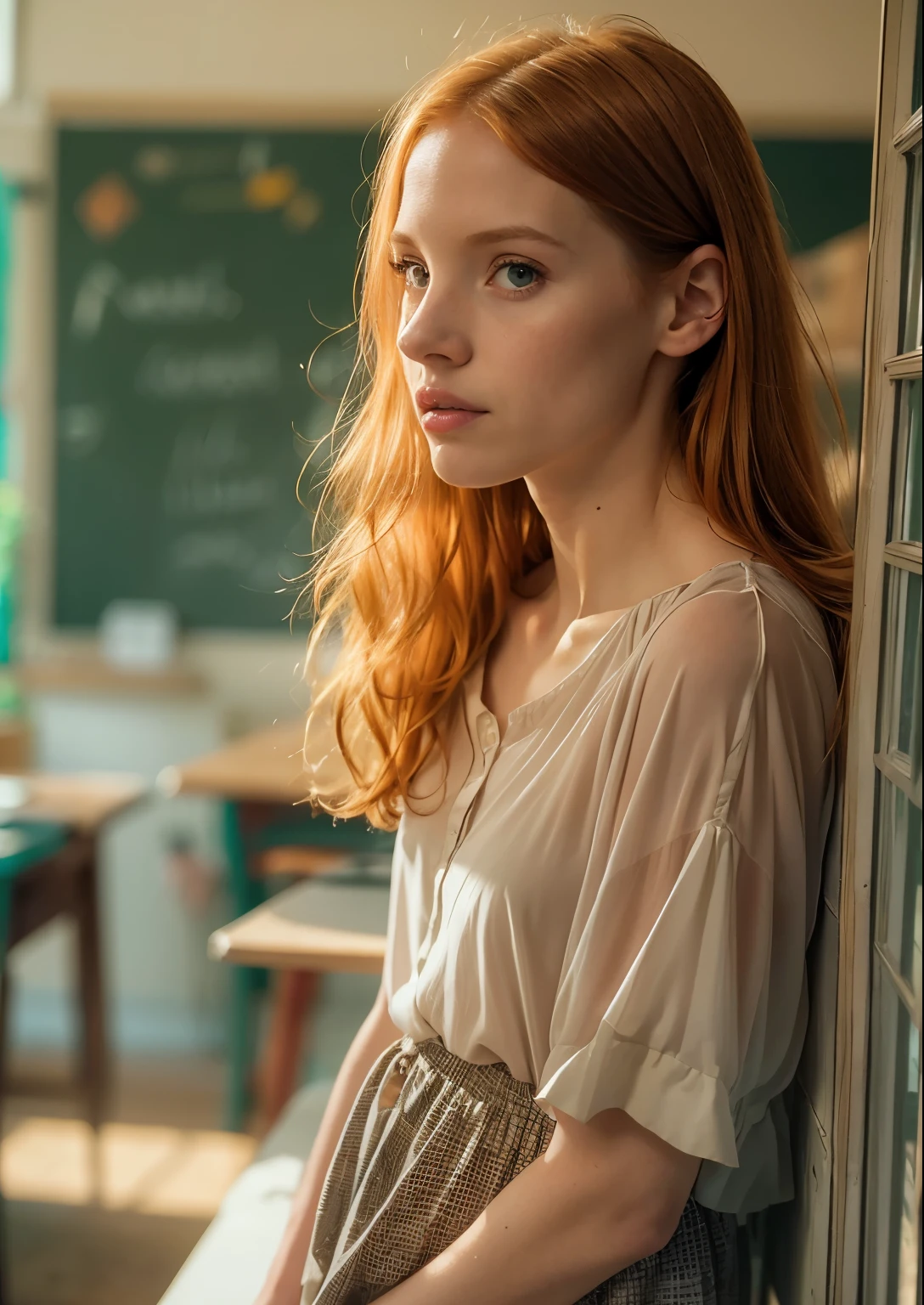 A close up of a woman leaning against a wall in a classroom - SeaArt AI