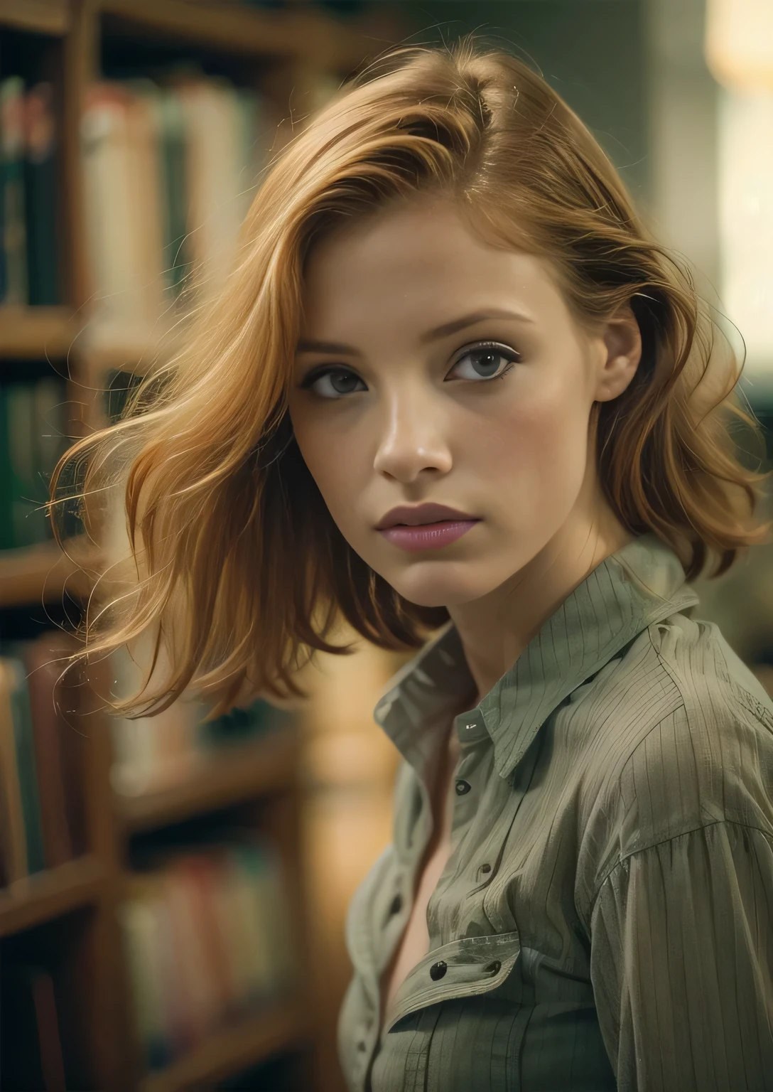 A woman with red hair and a green shirt in a library - SeaArt AI