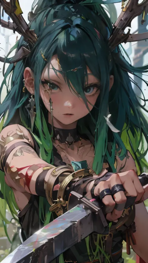 anime girl with green hair, holding a knife in her hand, Detailed digital anime art, trending on artstation pixiv, Google on Pix...