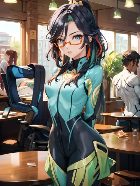 (masterpiece, best quality), 1girl, xianyun, glasses,ponytail, red-framed eyewear, under-rim eyewear,ponytail,
BREAK ((bodysuit:...