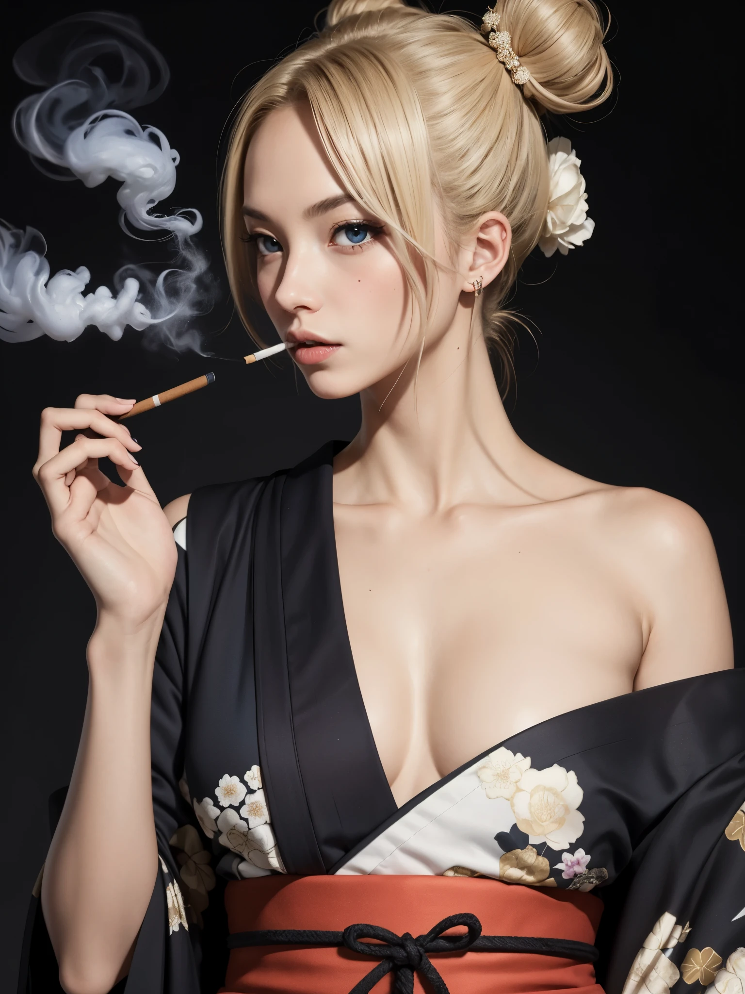 Mujer sexy con kimono fumando, BREAK, 1 chica, pelo rubio, kanzashi bun hair, ojos feroces, Quimono negro, hombro desnudo, cejas en forma de v,