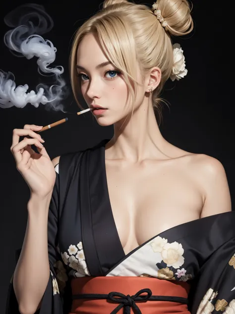 sexy woman wearing kimono smoking, break, 1girl, blonde hair, kanzashi bun hair, fierce eyes, black kimono, bare shoulder, v-sha...