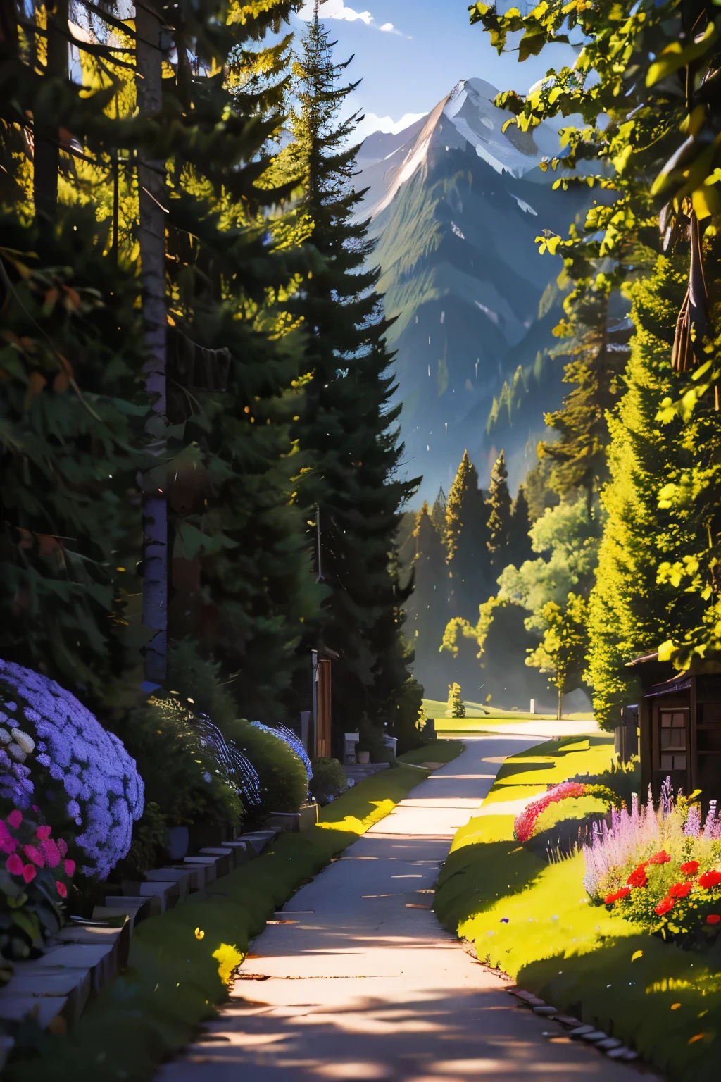 Mountain path, fir trees, birch trees, children playing, flowers, butterflies, flying birds, landscape, birds chirping, sunlight filtering through the trees, soft breeze, lush green foliage, sparkling water reflections, vibrant wildflowers, joyful laughter, carefree children's expressions, dynamic brushstrokes, mountain, harmonious composition.