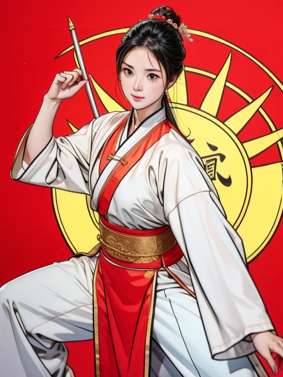 A female teacher of ancient Chinese martial arts、Wearing a long Chinese national costume and clenching a fist、Demonstrating a martial arts style、In dynamic poses、Sword Dance Hall、Fighters are gathering。
