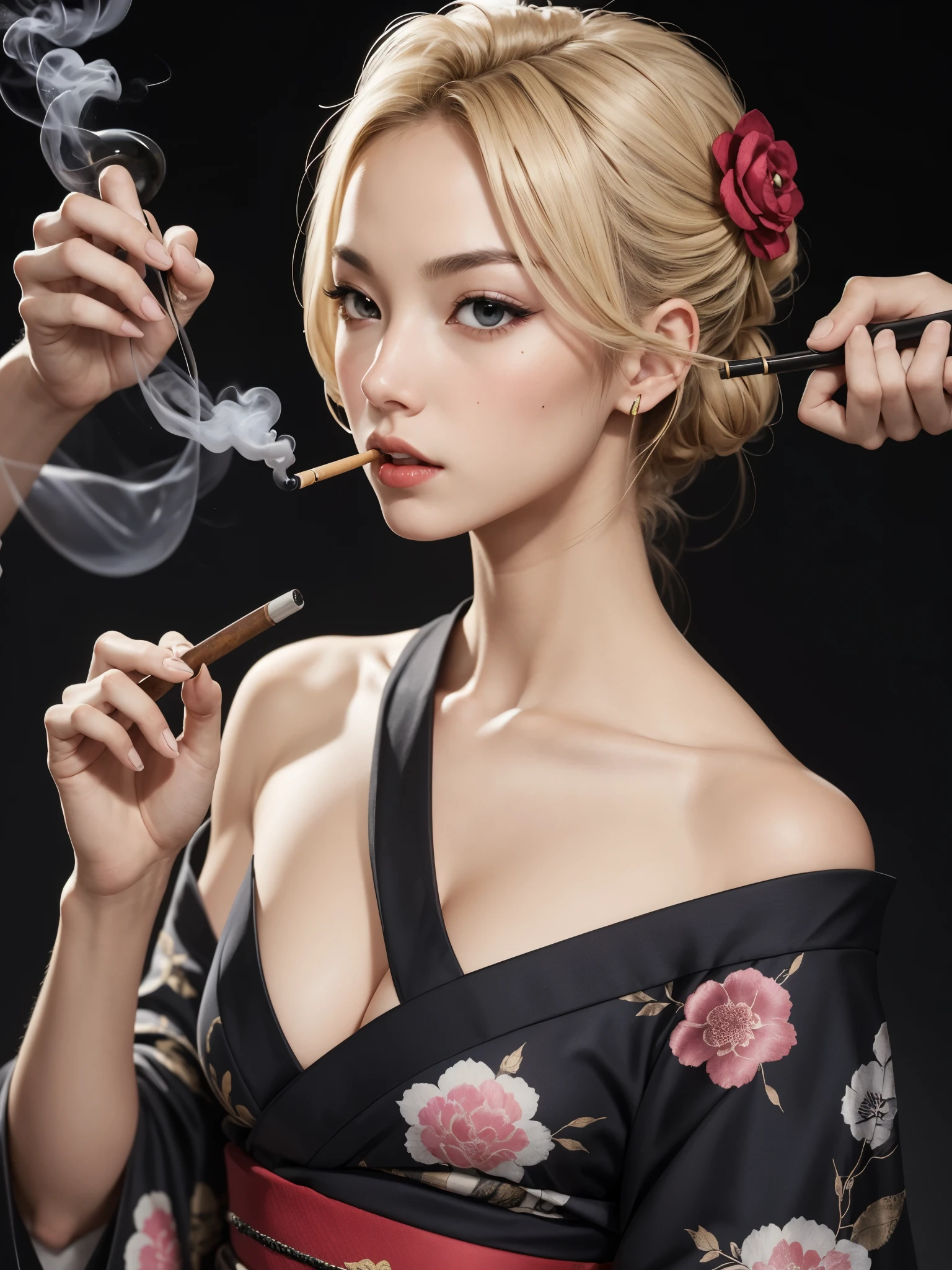 femme sexy portant un kimono fumant, casser, 1fille, cheveux blond, kanzashi chignon désordonné, Des yeux féroces, kimono noir, épaule nue, sourcils en forme de V, Pipe à fumer, 