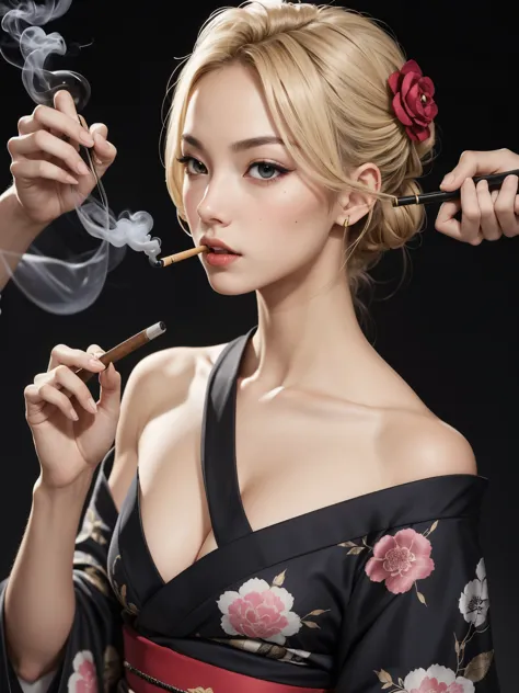 sexy woman wearing kimono smoking, BREAK, 1girl, blonde hair, kanzashi messy updo hair, fierce eyes, black kimono, bare shoulder...