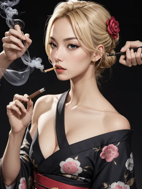 sexy woman wearing kimono smoking, break, 1girl, blonde hair, kanzashi messy updo hair, fierce eyes, black kimono, bare shoulder...