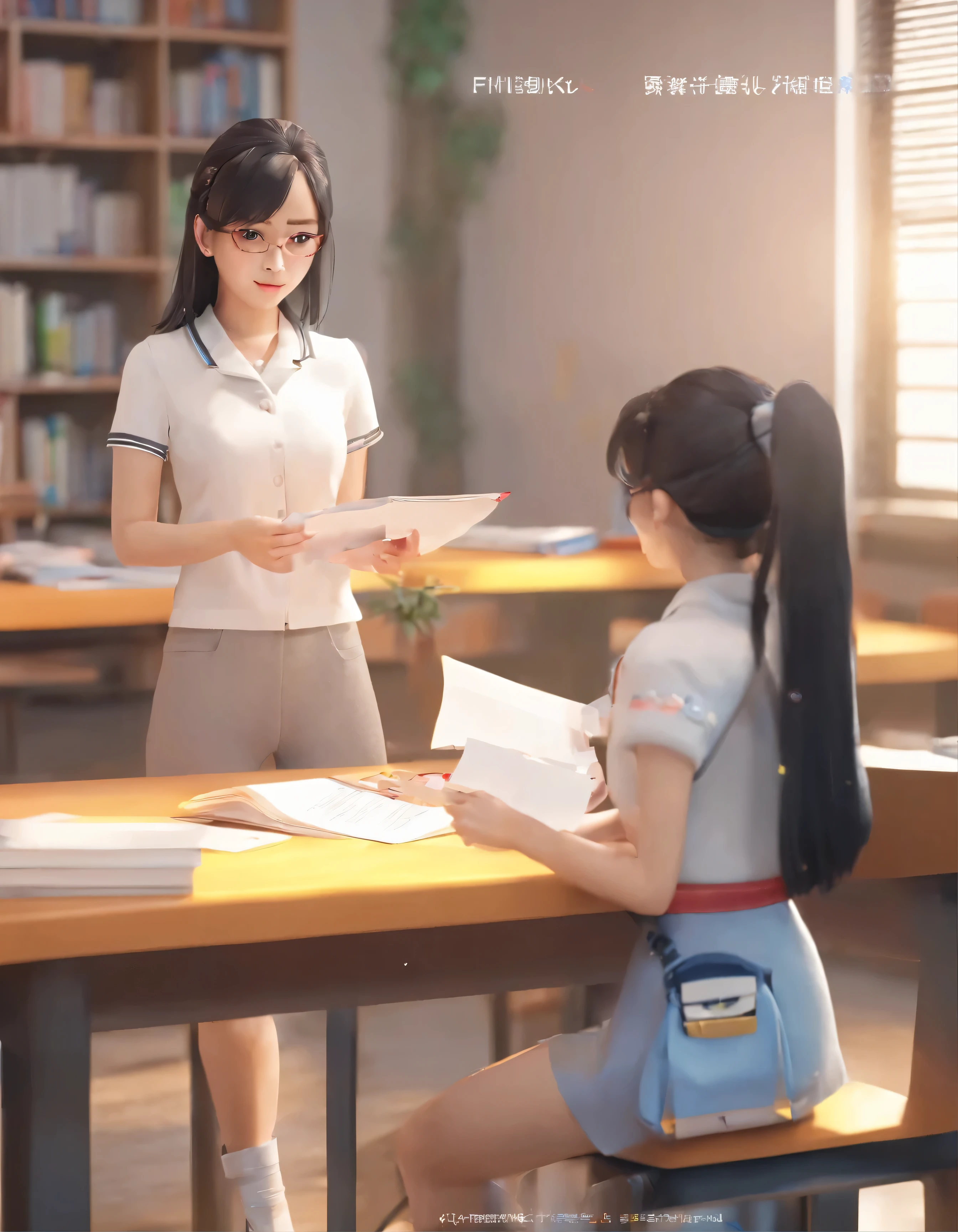 At noon, in the classroom, two female proctors walked into the classroom, holding top secret file bags, two female proctors wearing white T-shirts and short black hair, this female proctor looked at the camera, the lens mainly featured the upper body, in the Lofe art style ((Xinhai City), popular in CGStation, Xinhaicheng H 2160, inspired by Bian Shoumin, Xinhaicheng, Kavasi, Guwitz's style, high-quality pictures, 4K, 8K, resolution,
