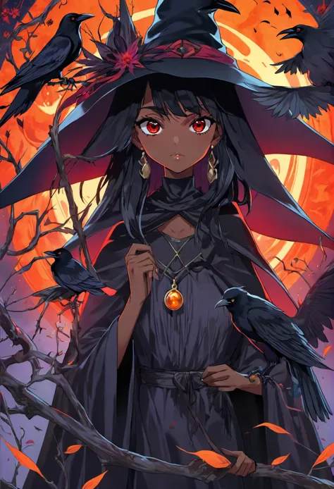 an anime portrayal of a black girl with vibrant red eyes and luscious black hair. she is depicted as a witch in a mystical setti...