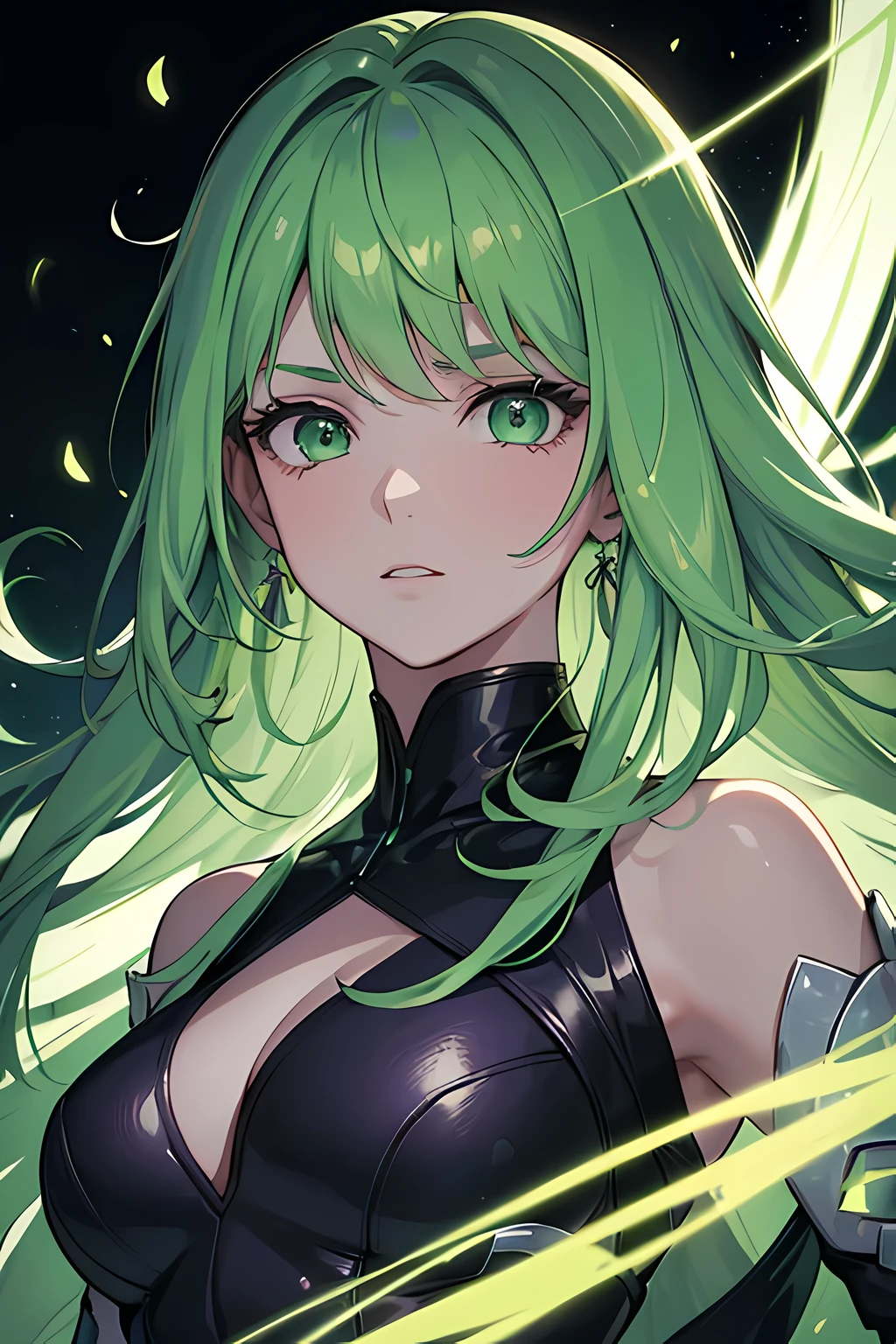 Chica anime con cabello verde y ojos verdes con un traje negro. - SeaArt AI