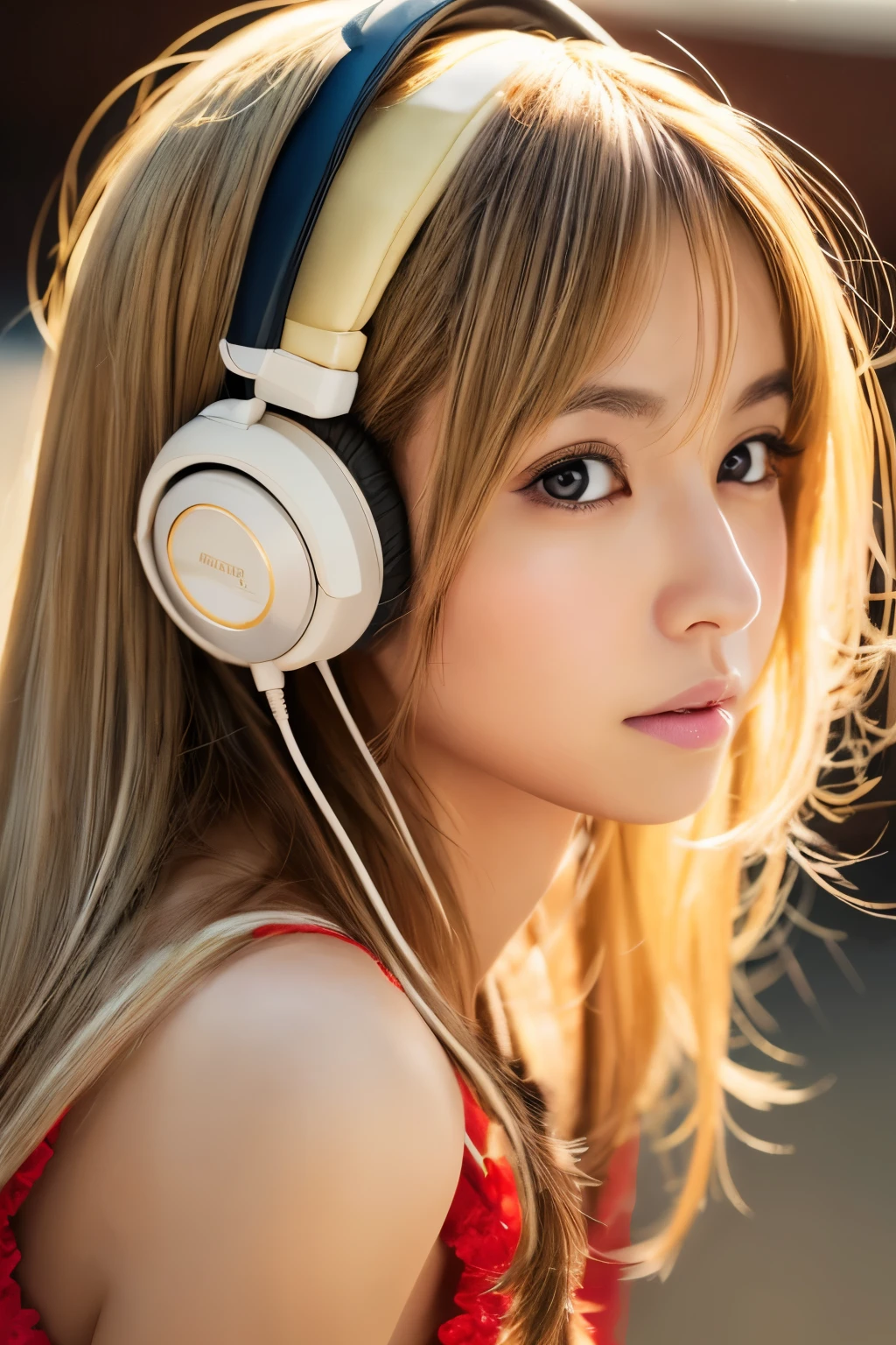 (masterpiece), (best quality, highres, highly-detailed, illustration), Skinny Japanese girl, 30 years old, 1girl, solo, city, contemporary, profile picture closeup, blonde beige long hair, cute face, detailed face, brown eyes, beautiful detailed eyes, squatting, headphones, 8k, trending on ArtStation