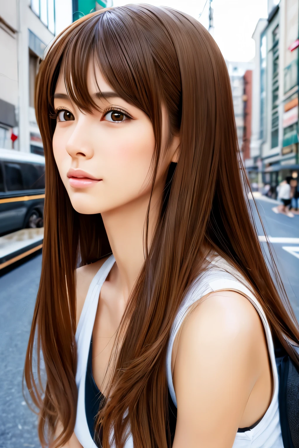 (masterpiece), (best quality, highres, highly-detailed, illustration), Skinny Japanese girl, 30 years old, 1girl, solo, city, contemporary, profile picture closeup, long hair, cute face, detailed face, brown eyes, beautiful detailed eyes, squatting, headphones, 8k, trending on ArtStation