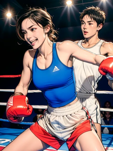 Professional female bantamweight boxers、Wearing a tight-fitting tank top and short running pants, clenching his fist、With a conf...