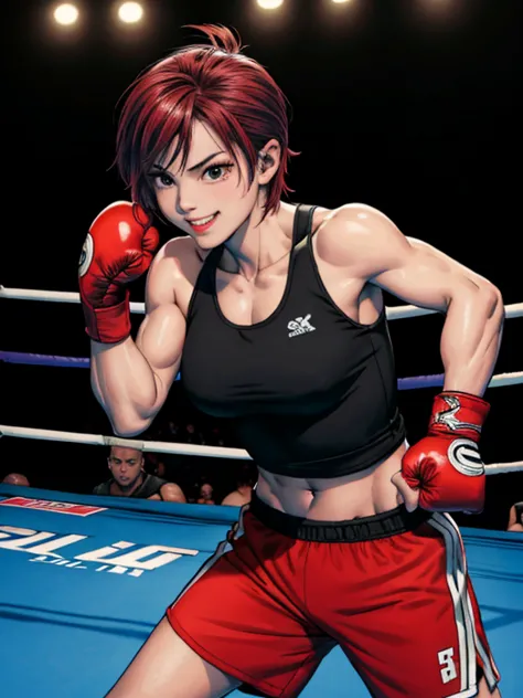 professional female bantamweight boxers、wearing a tight-fitting tank top and short running pants, clenching his fist、with a conf...