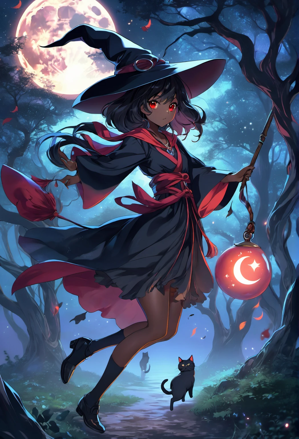 (best quality,4k,8k,highres,masterpiece:1.2),ultra-detailed,(realistic,photorealistic,photo-realistic:1.37),witch anime girl,dark hair,red eyes,black skin,intense glare,flowing long robes,mysterious smile,enchanted forest background,dark and moody lighting,vibrant colors,ethereal atmosphere,cast spell,broomstick,flying in the moonlight,glowing magical runes,crescent moon in the sky,cat familiar,grimoire,spellbook,full moon,nighttime ambiance,fantasy setting,witch hat,glowing red magical aura,swirling mist,spellcasting gestures,occult symbols,moonlit stars,enchanted moonlight,witchcraft,whimsical anime style,haunting and captivating presence,supernatural powers