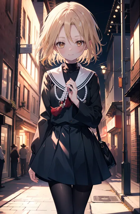 annakyouyama, anna kyouyama, blonde hair, short hair, (brown eyes:1.7),smile,blush,prayer beads,beads,black long-sleeved sailor ...