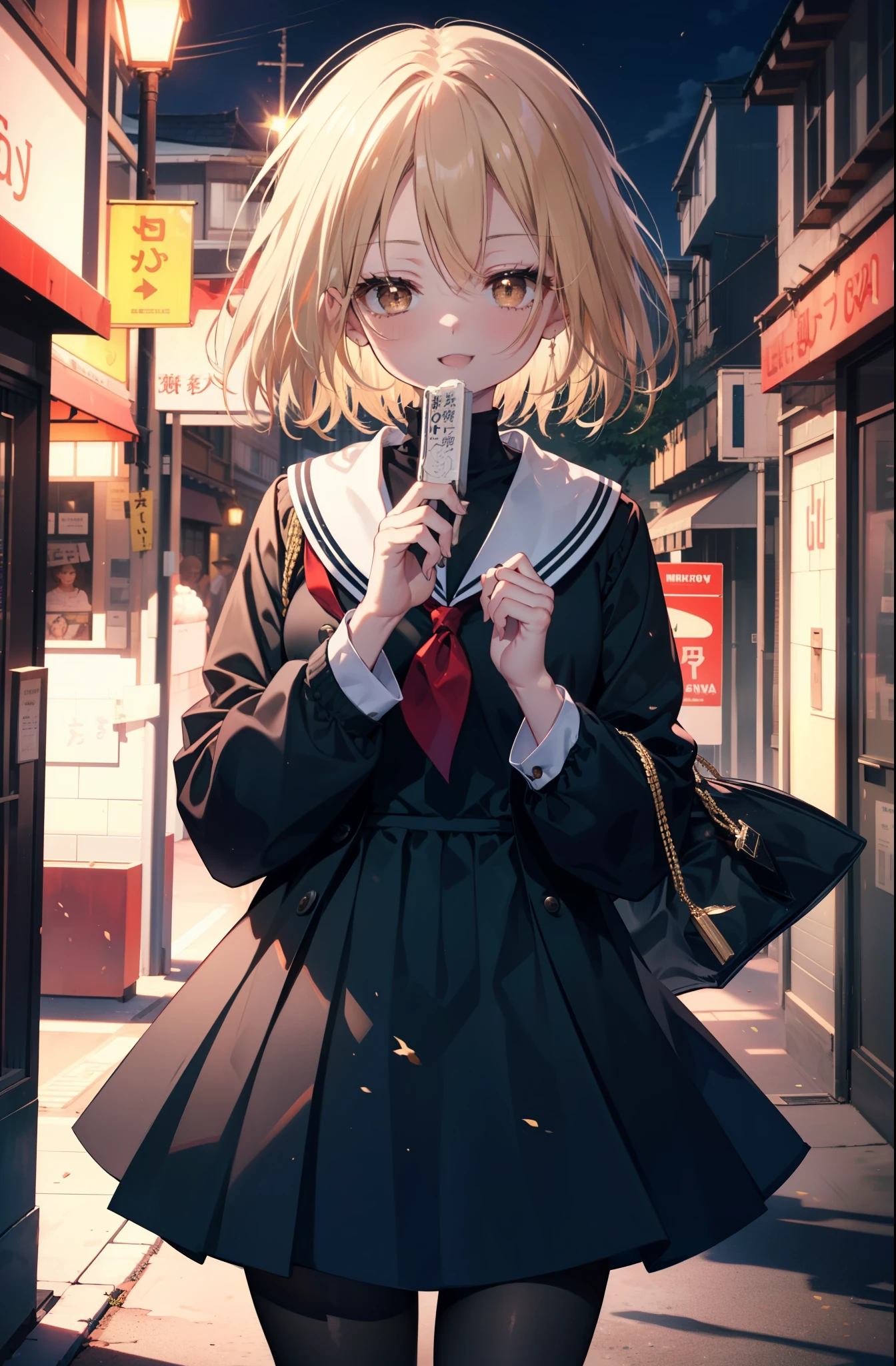 annakyouyama, anna kyouyama, blonde hair, short hair, (brown eyes:1.7),happy smile, smile, open your mouth,Black long-sleeved sailor suit,black pleated skirt,white pantyhose,black loafers,walking,morning,morning日,太陽が登っている
break looking at viewer, whole body,(cowboy shot:1.5),
break outdoors, city,building street,
break (masterpiece:1.2), highest quality, High resolution, unity 8k wallpaper, (shape:0.8), (fine and beautiful eyes:1.6), highly detailed face, perfect lighting, Very detailed CG, (perfect hands, perfect anatomy),