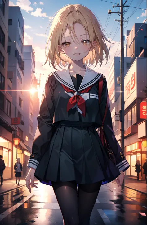 annakyouyama, anna kyouyama, blonde hair, short hair, (brown eyes:1.7),happy smile, smile, open your mouth,black long-sleeved sa...