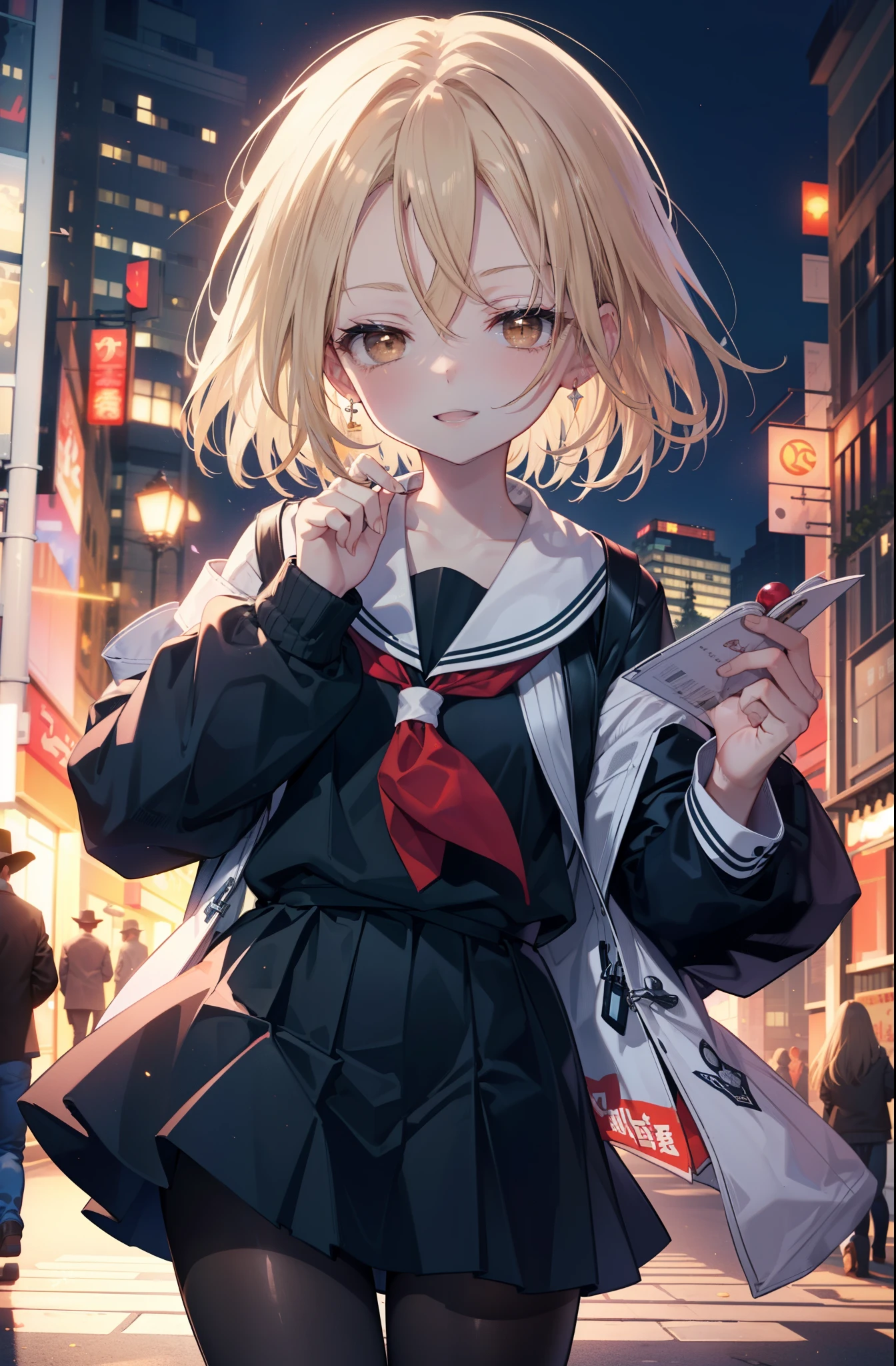 annakyouyama, anna kyouyama, blonde hair, short hair, (brown eyes:1.7),happy smile, smile, open your mouth,Black long-sleeved sailor suit,black pleated skirt,white pantyhose,black loafers,walking,morning,morning日,太陽が登っている
break looking at viewer, whole body,(cowboy shot:1.5),
break outdoors, city,building street,
break (masterpiece:1.2), highest quality, High resolution, unity 8k wallpaper, (shape:0.8), (fine and beautiful eyes:1.6), highly detailed face, perfect lighting, Very detailed CG, (perfect hands, perfect anatomy),