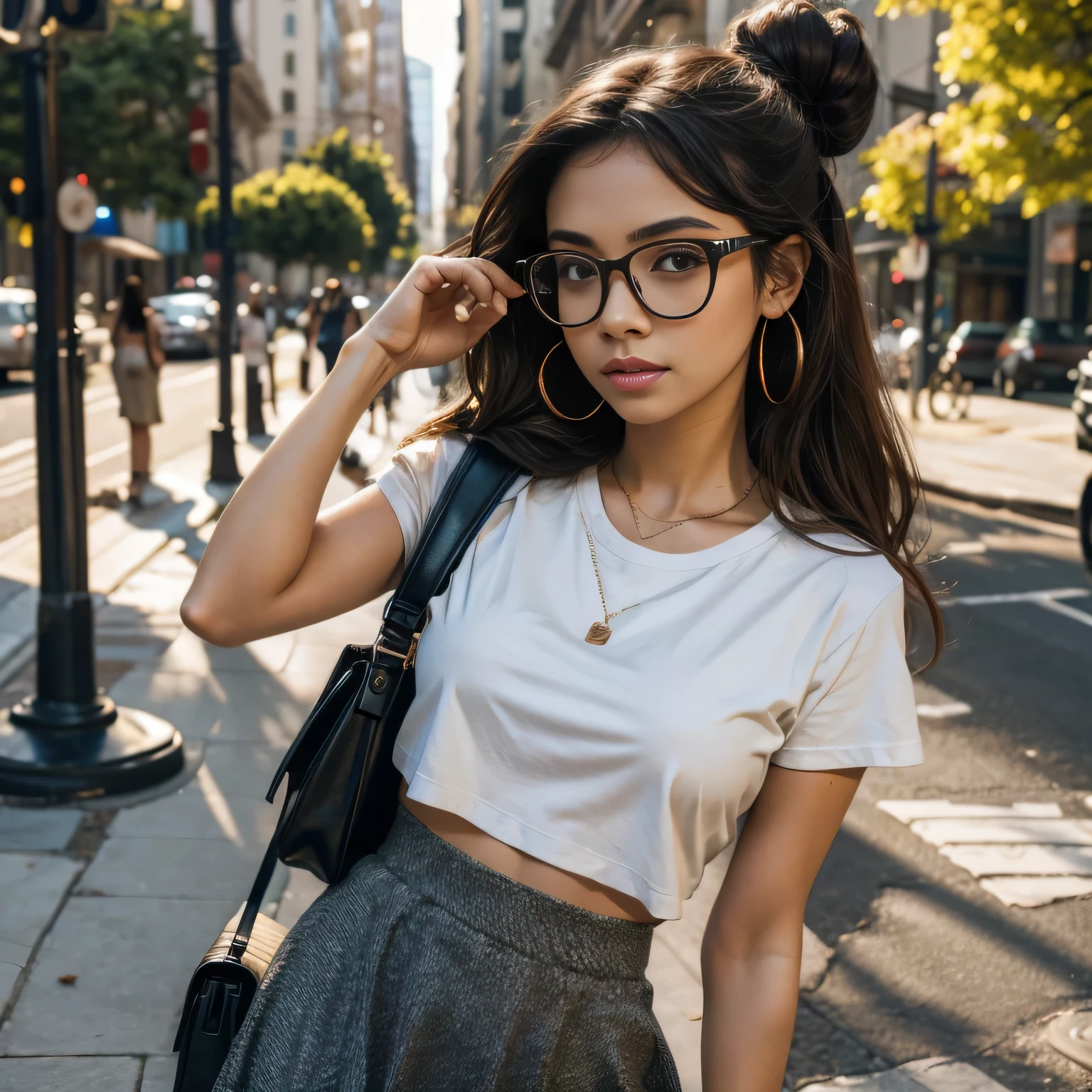 A woman with glasses and a white shirt is standing on the street - SeaArt AI