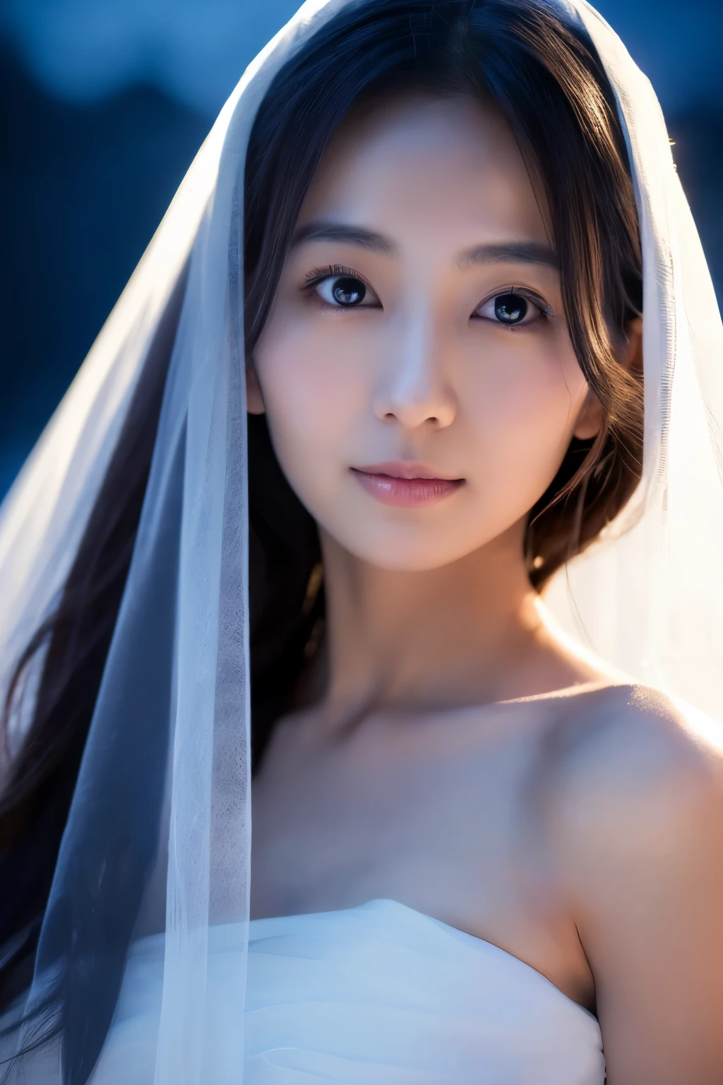 (masterpiece, 8K, high quality, high resolution), Skinny Japanese woman, age 30s, cute face, (detailed face), (detailed eyes), Under the moonlight, draped in a white veil, standing by the lakeside in the night.