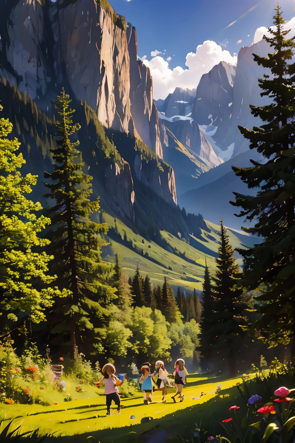 Bergpfad, für Bäume, Birken, Kinder spielen, Blumen, Schmetterlinge, fliegende Vögel, Landschaft, Vögel zwitschern, Sonnenlicht fällt durch die Bäume, Sanfte Brise, üppiges grünes Laub, glitzernde Wasserreflexionen, vibrant wildBlumen, freudiges Lachen, unbeschwerte Kindergesichtsausdrücke, dynamische Pinselstriche, Berg, harmonische Komposition.