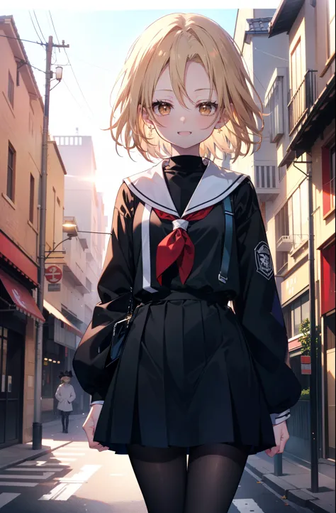 annakyouyama, anna kyouyama, blonde hair, short hair, (brown eyes:1.7),happy smile, smile, open your mouth,black long-sleeved sa...