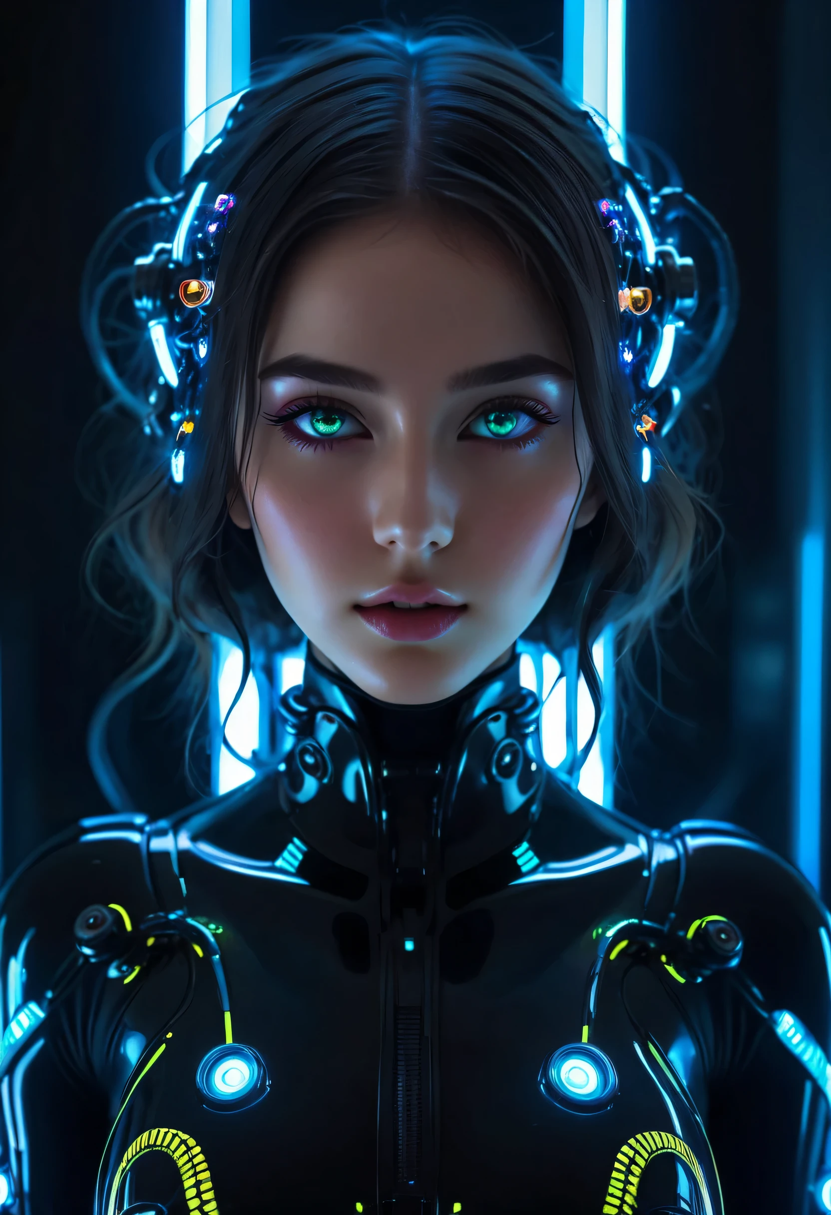 女の子のリアルで複雑な完璧な美しさの顔, 詳細 & 非対称の完璧な鋭い銀河の輝く目, 詳細 face, (((顔から腰まで))), (((美しい形))), ((リアルなネオンライトのSF風の黒いプラグスーツ、金属メカパーツ、ネオンライトの付いたロボットの触手)), 傑作, 4K, 超高解像度