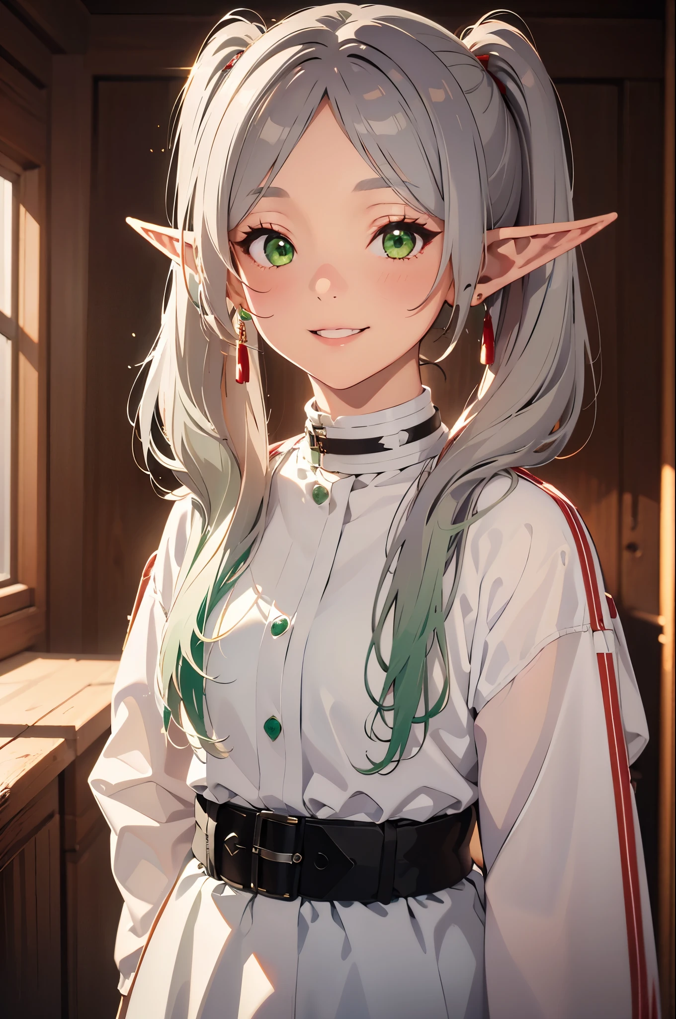 face lighting,bright backlight,super high resolution,best quality,Photos,4k,(Realistic:1.2),jingling,1girl,green eyes,silver hair,elf ears,smile,twintails,