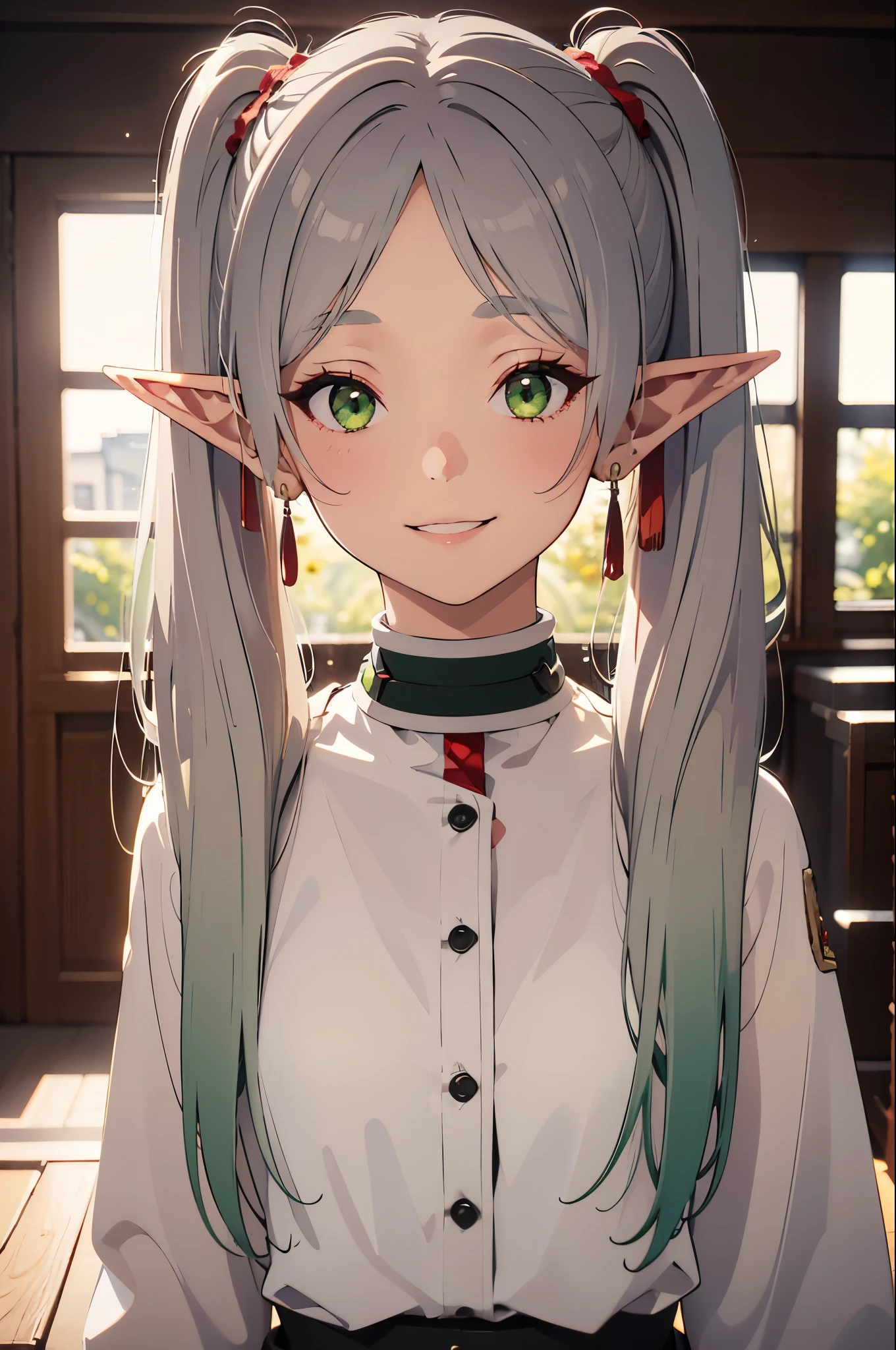 face lighting,bright backlight,super high resolution,best quality,Photos,4k,(Realistic:1.2),jingling,1girl,green eyes,silver hair,elf ears,smile,twintails,