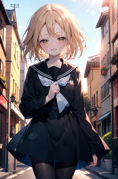 annakyouyama, anna kyouyama, blonde hair, short hair, (brown eyes:1.7),happy smile, smile, open your mouth,black long-sleeved sa...