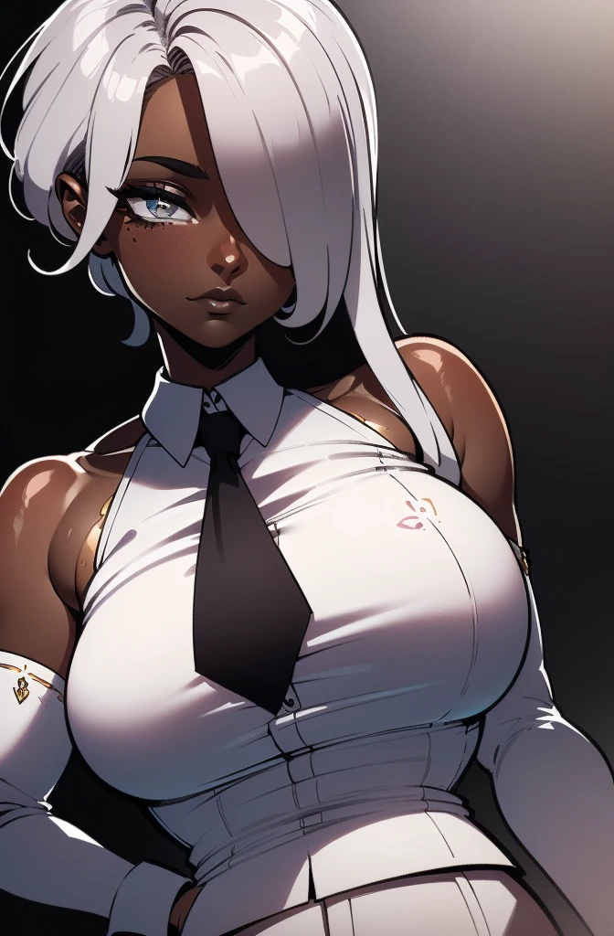 ((black skin)), ((tanned skin)), Full body, (masterpiece), best quality, expressive eyes, perfect face,(masterpiece), best quality, expressive eyes, perfect face, (Masterpiece:1.4),(highly detailed), (high CG:1.4), high quality, ultra detailed, ultra realistic, hyper beautiful and delicate, (1 girl:1.4), (ultra detailed eye:1.4) , (mascular body:1.3), darkness,(illustration:1.4),(overexposure:1.3),(photography:1.3),(macro lens:1.1).,kurenaiz1, ((best quality)), (((clearly drawn face))), (detailed body), ((realistic eye)), (((perfect anatomy))),(detailed eyes),(detailed skin),(shiny_skin),(shiny_hair), (octane rendering), ((16k)), ((ultra high res)) , ultra realistic ,(serious eyes), (((aloof expression))), perfect face, ((mysterious)), ((atractive)), buttler_woman, (36 years old). ((((tanned skin)))). (((short yet stylish silver hair)), (thick silver hair), (sharp facial features), ((soft silver eyes)). wearing a (((short sleeveless black victorian era vest with buttoms))), ((a white under-shirt underneath)), (((white shirt with long sleeves))), ((black neck tie))., ((white trousers)), ((white gloves)), ((wearing a monocle over her left eye)), ((one hand behind her back)), standing, ((waiting patiently)). {((Detailed eyes))}, eyes squinted, (in deep thought).,((hair over one eye)), tan, dark skin, nyantcha style