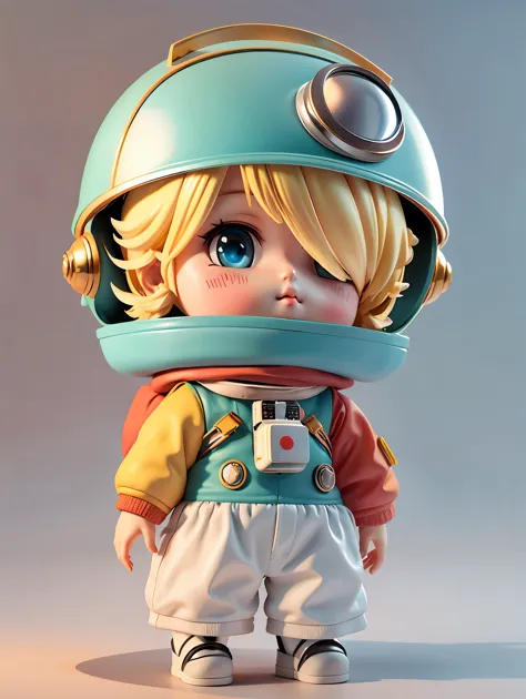 There is a little doll with a helmet and helmet., Lovely 3D rendering, The little astronaut looked up., Vertical Anime Space Cad...