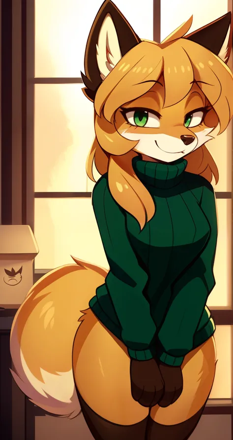 Nervous smiling, uploaded the e621, beautiful and detailed, woman (((female))) ((anthro)) Fox, (Averi, Fox girl), by waspsalad, by phluks, by zero-sum, cinematic lighting, Fox, (anthro, fluffy fur, character focus:1.1), 1girl, anthro fox girl, body fur, cu...