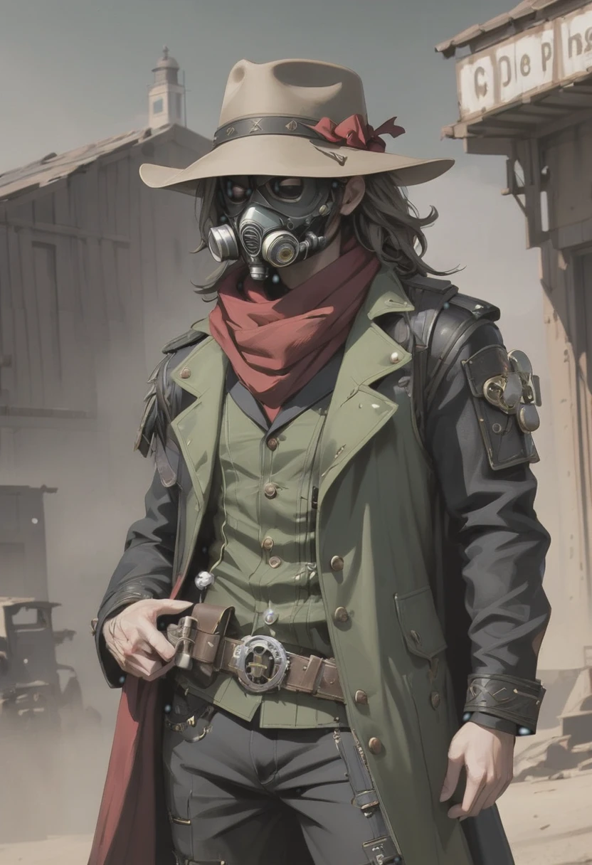 Post apocalyptic, Gunslinger, junkworld, fantasy, hidden face, cowboy hat, masked, cyberpunk gas-mask, Male, tactical vest, cyberpunk post apocalyptic, olive green coat, black pants, black bulletproof vest, red scarf, duster coat, olive green duster coat, cowboy hat, cowboy, Male gunslinger with a cowboy hat, vaquero, sombrero de vaquero