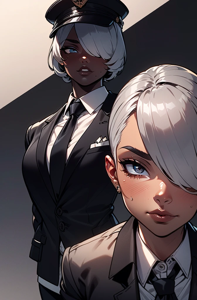 ((black skin)), ((tanned skin)), Full body, (masterpiece), best quality, expressive eyes, perfect face,(masterpiece), best quality, expressive eyes, perfect face, (Masterpiece:1.4),(highly detailed), (high CG:1.4), high quality, ultra detailed, ultra realistic, hyper beautiful and delicate, (1 girl:1.4), (ultra detailed eye:1.4) , (mascular body:1.3), darkness,(illustration:1.4),(overexposure:1.3),(photography:1.3),(macro lens:1.1).,kurenaiz1, ((best quality)), (((clearly drawn face))), (detailed body), ((realistic eye)), (((perfect anatomy))),(detailed eyes),(detailed skin),(shiny_skin),(shiny_hair), (octane rendering), ((16k)), ((ultra high res)) , ultra realistic ,(serious eyes), (((aloof expression))), perfect face, ((mysterious)), ((atractive)), (36 years old). ((((tanned skin)))). (((short yet stylish silver hair)), (thick silver hair), (sharp facial features), ((soft silver eyes)). wearing a (((black tuxedo))), ((a white under-shirt underneath)), ((( black drivers cap))), ((black neck tie))., ((black trousers)), ((black gloves)), ((wearing sunglasses)), ((arms crossed)), standing, ((waiting patiently)). {((Detailed eyes))}, eyes squinted, (in deep thought).,((hair over one eye)), tan, dark skin, nyantcha style